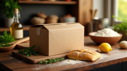 Rustic flatbread box mockup styled with flour and olive oil, set on a wooden countertop for an inviting look.