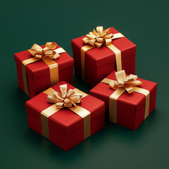 Obraz premium Elegant red gift boxes with gold ribbons on a festive green background, perfect for holiday or special occasion gifting.