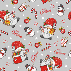 Seamless Pattern Gnome Santa Claus On Grey Background. Cute Cartoon Illustration