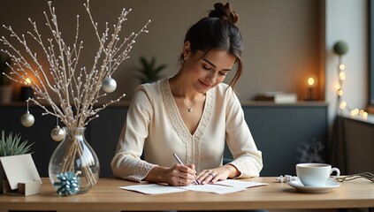 Middle Eastern woman writing holiday cards at modern office desk