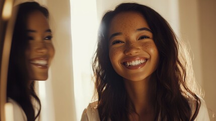 Fototapeta premium A young woman stands in front of a mirror, smiling brightly. The warm light of the golden hour highlights her joyful expression, creating a cozy atmosphere in her home.
