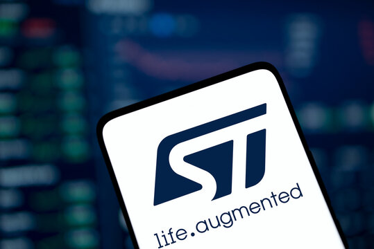 Dhaka, Bangladesh- 23 Nov 2024: STMicroelectronics logo is displayed on smartphone. STMicroelectronics NV is a European multinational semiconductor manufacturing company.