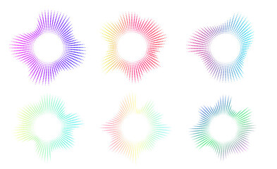  A set of equalisers with neon dots.  Radial sound multicolour sound waves. Music symbol, , circular sound waves, digital communication. Vector radial spectrum.