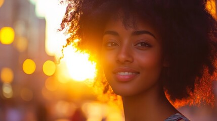 Fototapeta premium Smiling woman with curly hair in sunset glow, capturing vibrant city life and warm moments of joy. A perfect blend of happiness and beauty.