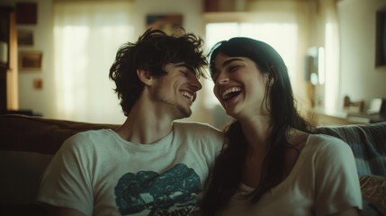 Fototapeta premium A man and a woman are sitting on a couch together, looking at each other and laughing. They are both wearing casual clothing. They are in a living room with a large window behind them.