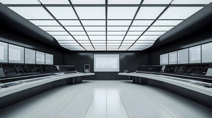 Modern Control Room Interior: Sleek Black and White Design with Central Text Space