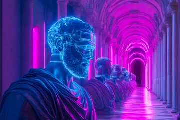 A modern reinterpretation of Raphael's School of Athens, where classical philosophers are replaced by famous AI pioneers like Alan Turing and futuristic robots.