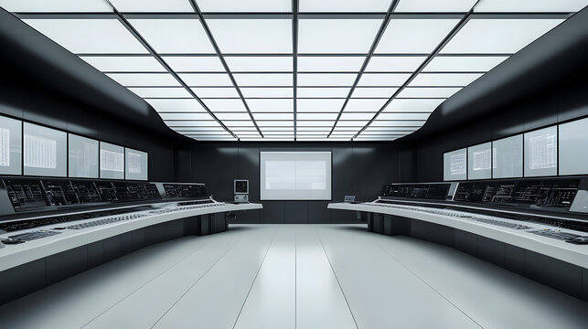 Modern Control Room Interior: Sleek Black and White Design with Central Text Space