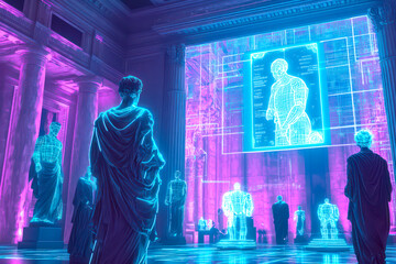 A modern reinterpretation of Raphael's School of Athens, where classical philosophers are replaced by famous AI pioneers like Alan Turing and futuristic robots.