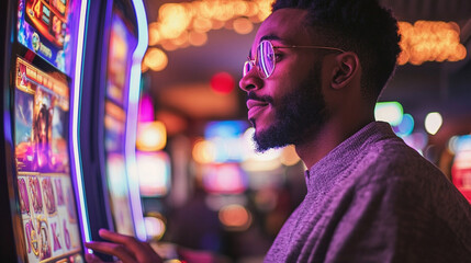 Fototapeta premium Young man enjoys slot machine in vibrant casino atmosphere during evening hours