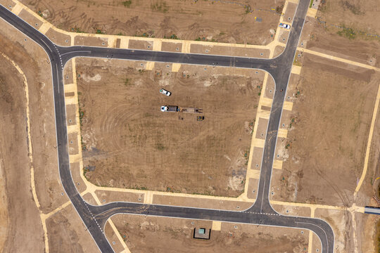 Aerial view of a construction site with roads and land development, Point Lonsdale, Australia.