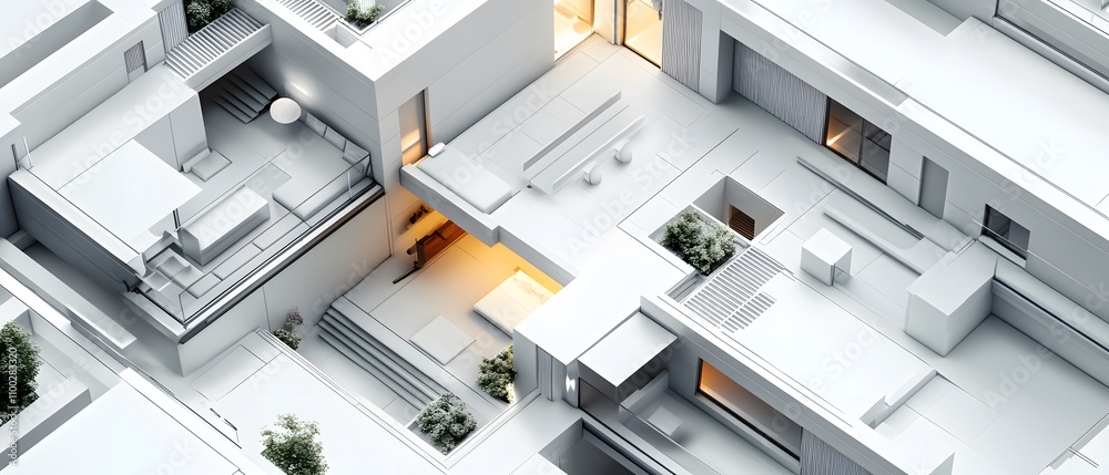 Poster modern architectural design of minimalist urban living spaces with open courtyards and natural light