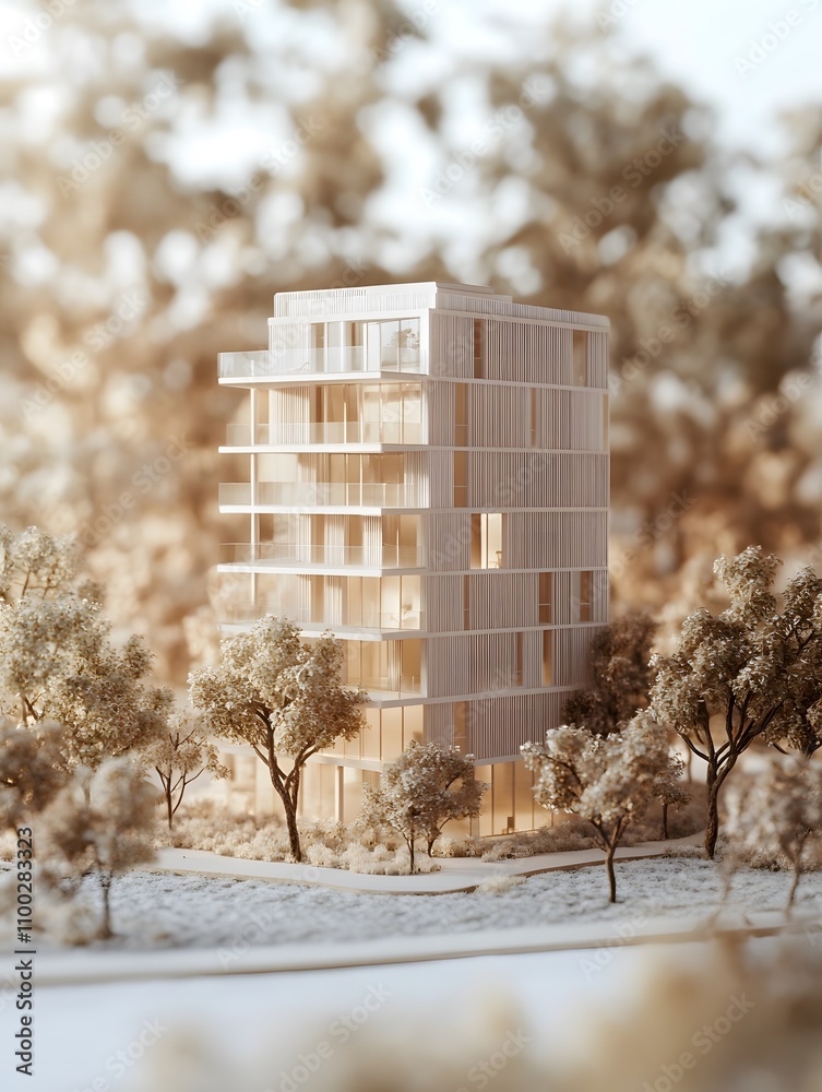 Poster modern architectural model of a multi-story building surrounded by trees, showcasing innovative desi