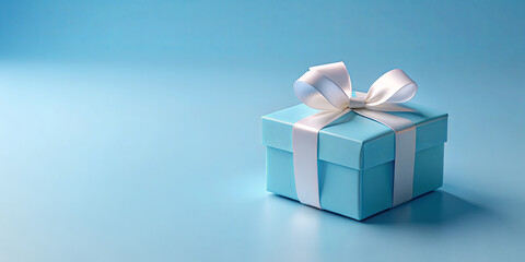 Obraz premium A light blue gift box tied with a white ribbon sits elegantly on a smooth blue background, creating a serene and inviting atmosphere perfect for celebrations or special occasions