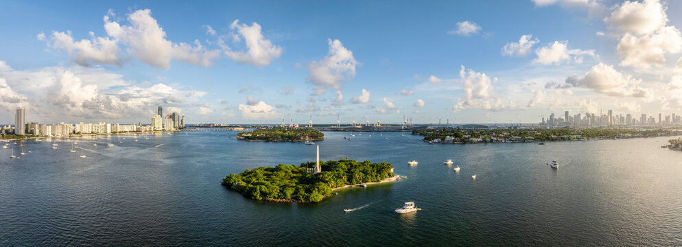Aerial view of monument island surrounded by biscayne bay and skyline, miami beach, usa.