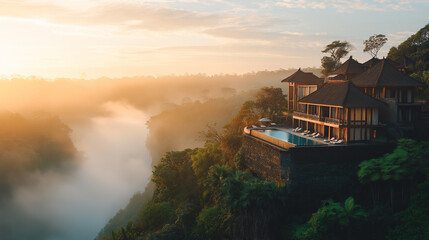 Fototapeta premium Exotic Luxury Hotel With A Pool Perched On The Edge Of A Cliff Overlooking A Foggy Valley Below At Sunrise: Tropical Paradise In Bali With White Sandy Beaches, Lush Greenery, And Cinematic Golden Hour