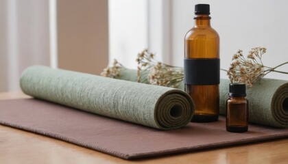 A rolled purple yoga mat with essential oil bottles and fresh lavender flowers, creating a serene atmosphere for yoga practice and aromatherapy sessions