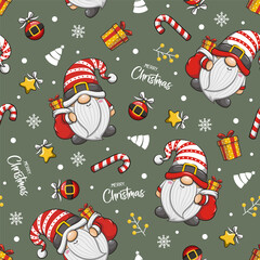 Seamless Pattern Gnome Santa Claus On Green Background. Cute Cartoon Illustration