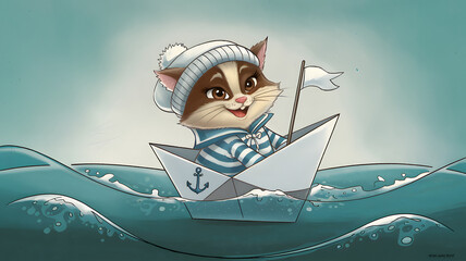  T-shirt design image of a cartoonishly mischievous sea kitten in a white cap sailing on a small paper ship
