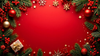 Christmas decoration border with fir branches and golden glitter confetti and sparkles of lights blur bokeh on red background. Bright Christmas and New Year design holiday frame illustration.	