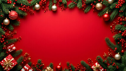 Christmas decoration border with fir branches and golden glitter confetti and sparkles of lights blur bokeh on red background. Bright Christmas and New Year design holiday frame illustration.	