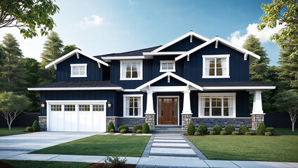 Contemporary dark blue two-story home with garage and path