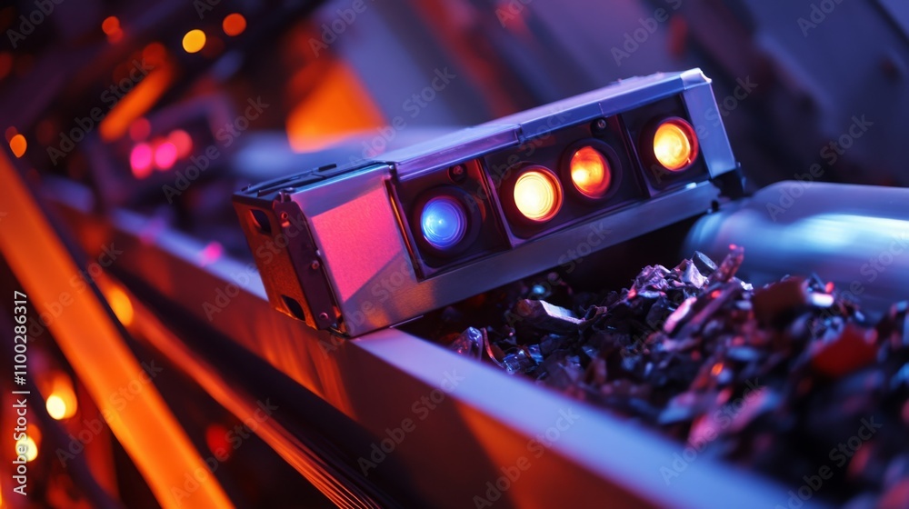 Fototapete a sensor with three bright lights sits on a conveyor belt, surrounded by metal scraps. the sensor is