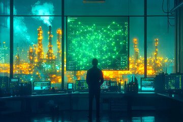 A modern control room during the day, filled with natural light streaming through large windows. At the center, a large screen displays a simple map of an oil and gas refinery.