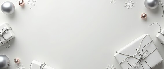 Fototapeta premium Minimalist Christmas Gifts Wrapped in Matte White Paper with Silver Strings