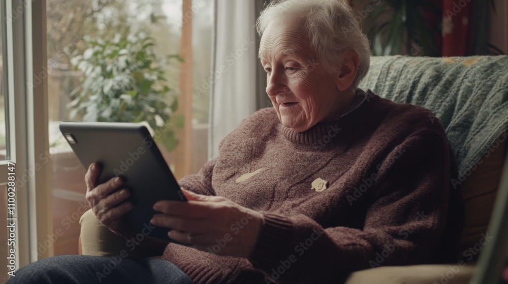 Poster an elderly man sits in a comfortable armchair, engaged with his tablet as sunlight streams through t