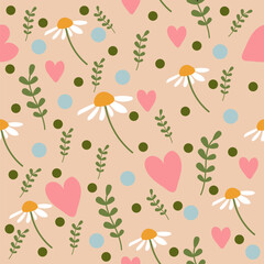 Fototapeta premium Floral Hearts and Dots Pattern