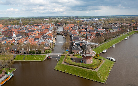 Aerial view of windmill Zeldenrust in Dokkum, Friesland, Netherlands