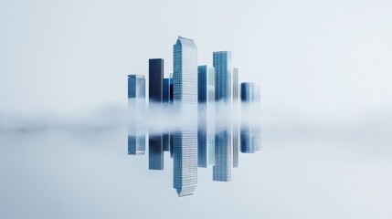 Obraz premium A serene city skyline reflected in calm water, shrouded in mist, showcasing modern architecture and an ethereal atmosphere.