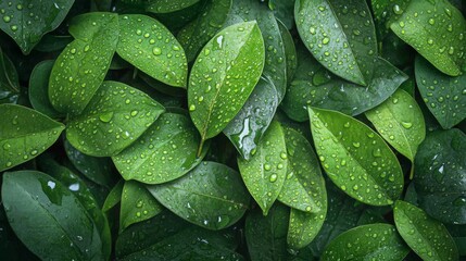 Obraz premium Lush Green Leaves Covered In Dew Drops