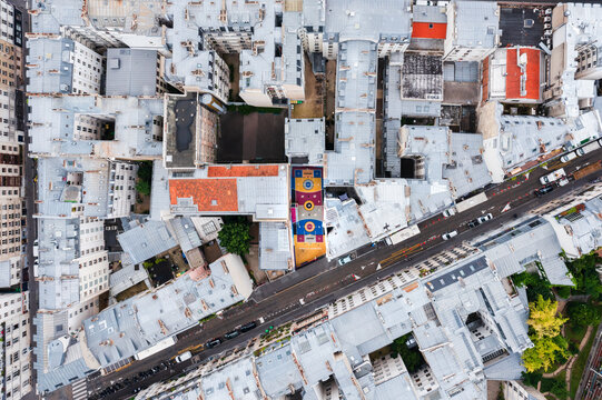Aerial view of Paris Colorful Pigalle Basketball Court, Rue Duperr&eacute;, Paris, France.