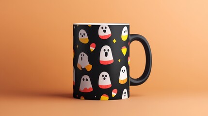 A colorful mug with a pattern of candy and fruit on it