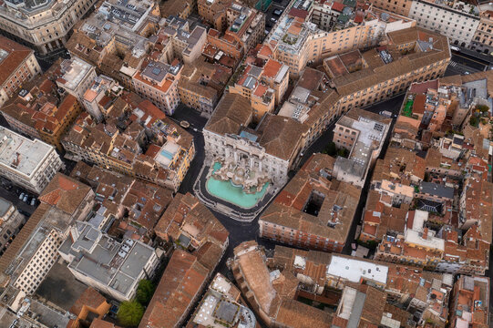 Aerial view of Trevi fountain by sunset in Rome, Lazia, Italy.