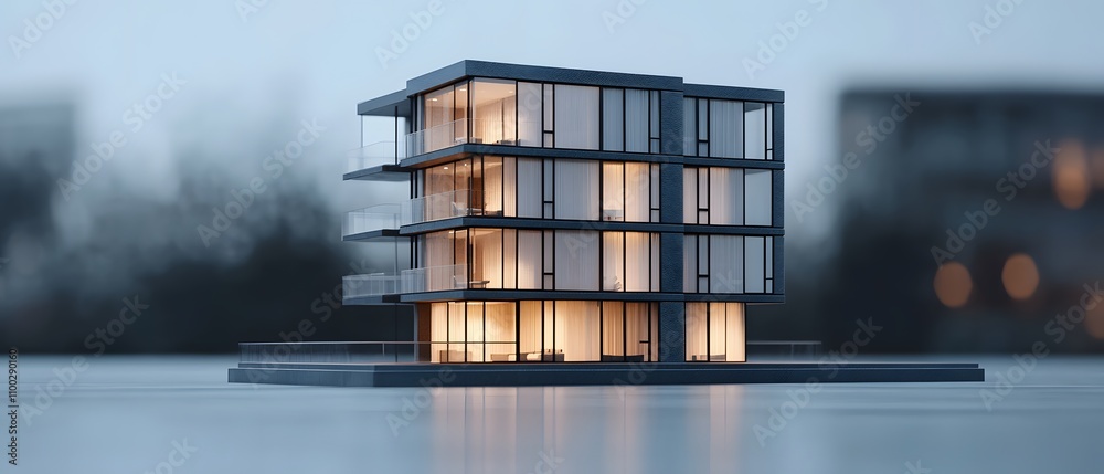 Poster Modern Architectural Model of a Three-Storey Building with Brightly Illuminated Windows, Showcasing Contemporary Design Against a Blurry Urban Background