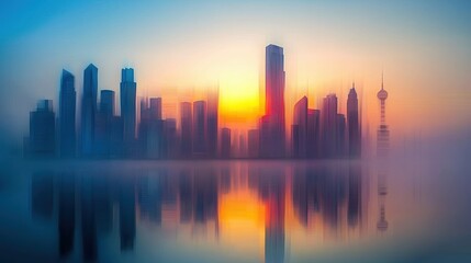 Fototapeta premium A serene city skyline at sunrise, enveloped in mist, reflecting on water, creating a tranquil and picturesque atmosphere.