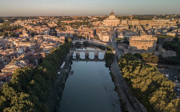 Aerial view of the Vatican City at sunset along the Tiber river in Rome downtown, Italy., Lazio