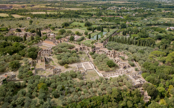 Aerial view of Ruins of Villa Adriana site of the Roman settlement, of the city of Rome, Province of Roma, Lazio, Italy,