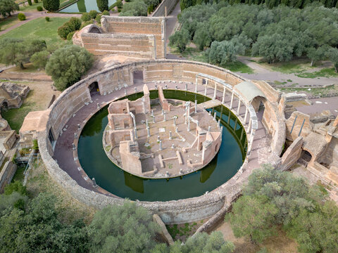 Aerial view of Ruins of Villa Adriana site of the Roman settlement, of the city of Rome, Province of Roma, Lazio, Italy,