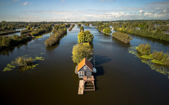 Aerial view of floating village in Scheendijk, Stichtse Vecht, Utrecht, Netherlands.