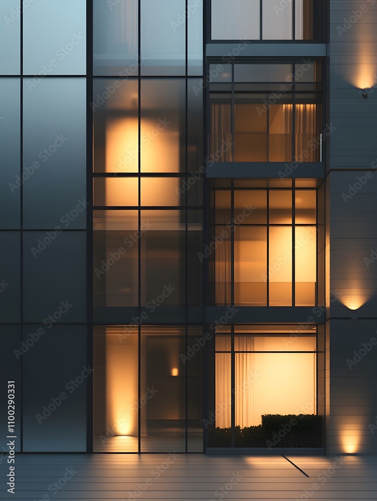 Poster modern architecture with glowing windows at dusk, showcasing sleek glass facade and soft warm light 