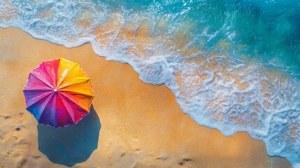 Obraz premium Colorful Beach Umbrella Near Ocean Waves On Sand