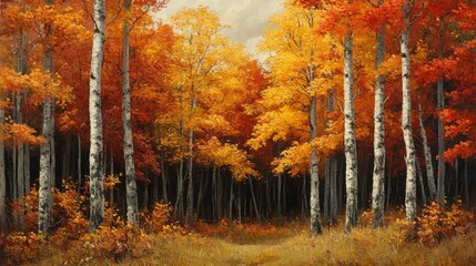 Fototapeta premium Autumnal Birch Forest Golden Hues Of Fall