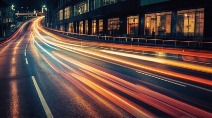 Vibrant city street with light trails at night.