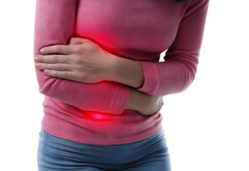 Woman clutching stomach in pain with highlighted red area, isolated on transparent cutout background