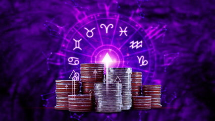 Horoscope with zodiac signs and money coins like astrology and money and astrology and wealth concept, Financial horoscope concept.