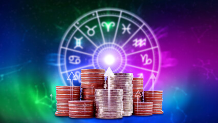 Horoscope with zodiac signs and money coins like astrology and money and astrology and wealth concept, Financial horoscope concept.